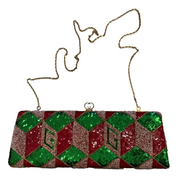 Broadway Embellished Sequins and Crystals Red Green Pink Chain Shoulder Bag Clut - Picture 1 of 5